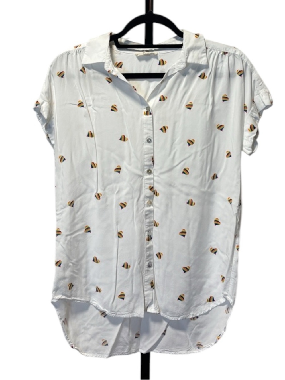 Jane & Delancey White Short-Sleeve Button Down w/ Mini Rainbow Heart Print